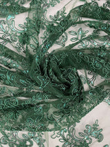 Elena's Lace Hunter Polyester Fabric - Corded Mesh Embroidered With Sequins, Hunter Green, Double Scalloped Edge, 54" Width (1 Yard)