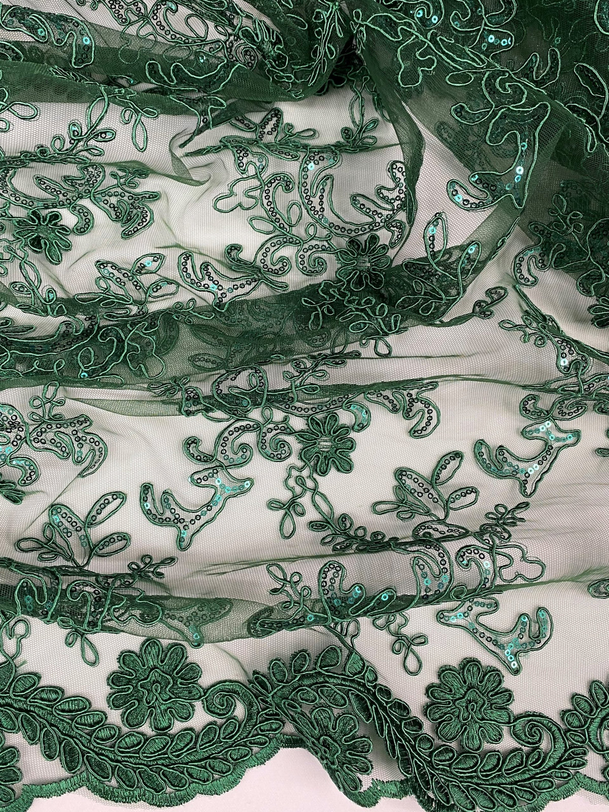 Elena's Lace Hunter Polyester Fabric - Corded Mesh Embroidered With Sequins, Hunter Green, Double Scalloped Edge, 54" Width (1 Yard)