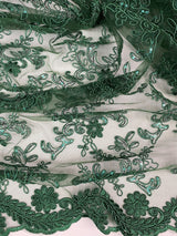 Elena's Lace Hunter Polyester Fabric - Corded Mesh Embroidered With Sequins, Hunter Green, Double Scalloped Edge, 54" Width (1 Yard)
