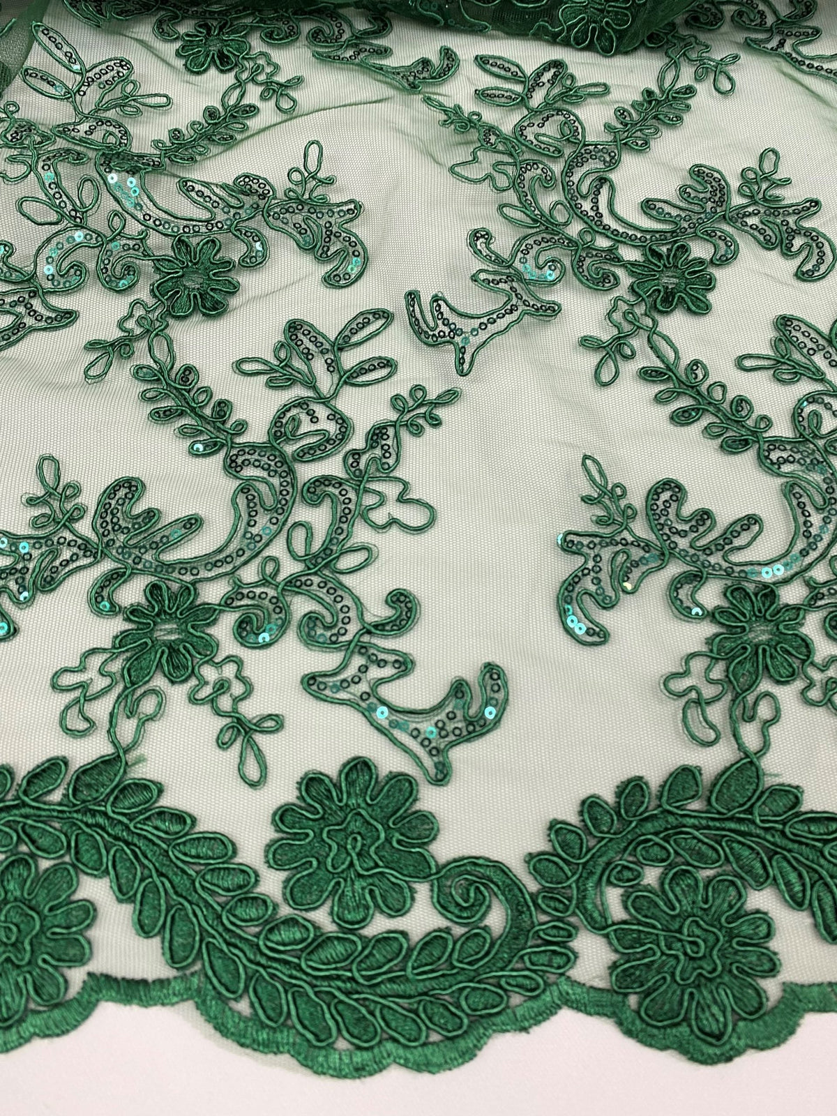 Elena's Lace Hunter Polyester Fabric - Corded Mesh Embroidered With Sequins, Hunter Green, Double Scalloped Edge, 54" Width (1 Yard)