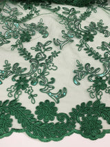 Elena's Lace Hunter Polyester Fabric - Corded Mesh Embroidered With Sequins, Hunter Green, Double Scalloped Edge, 54" Width (1 Yard)