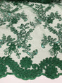 Elena's Lace Hunter Polyester Fabric - Corded Mesh Embroidered With Sequins, Hunter Green, Double Scalloped Edge, 54" Width (1 Yard)