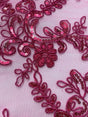 Elena's Lace Fuchsia Polyester Lace Fabric - Fuchsia Corded Mesh Embroidered With Sequins, Double Scalloped Edge, 54" Width (1 Yard)