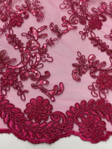 Elena's Lace Fuchsia Polyester Lace Fabric - Fuchsia Corded Mesh Embroidered With Sequins, Double Scalloped Edge, 54" Width (1 Yard)