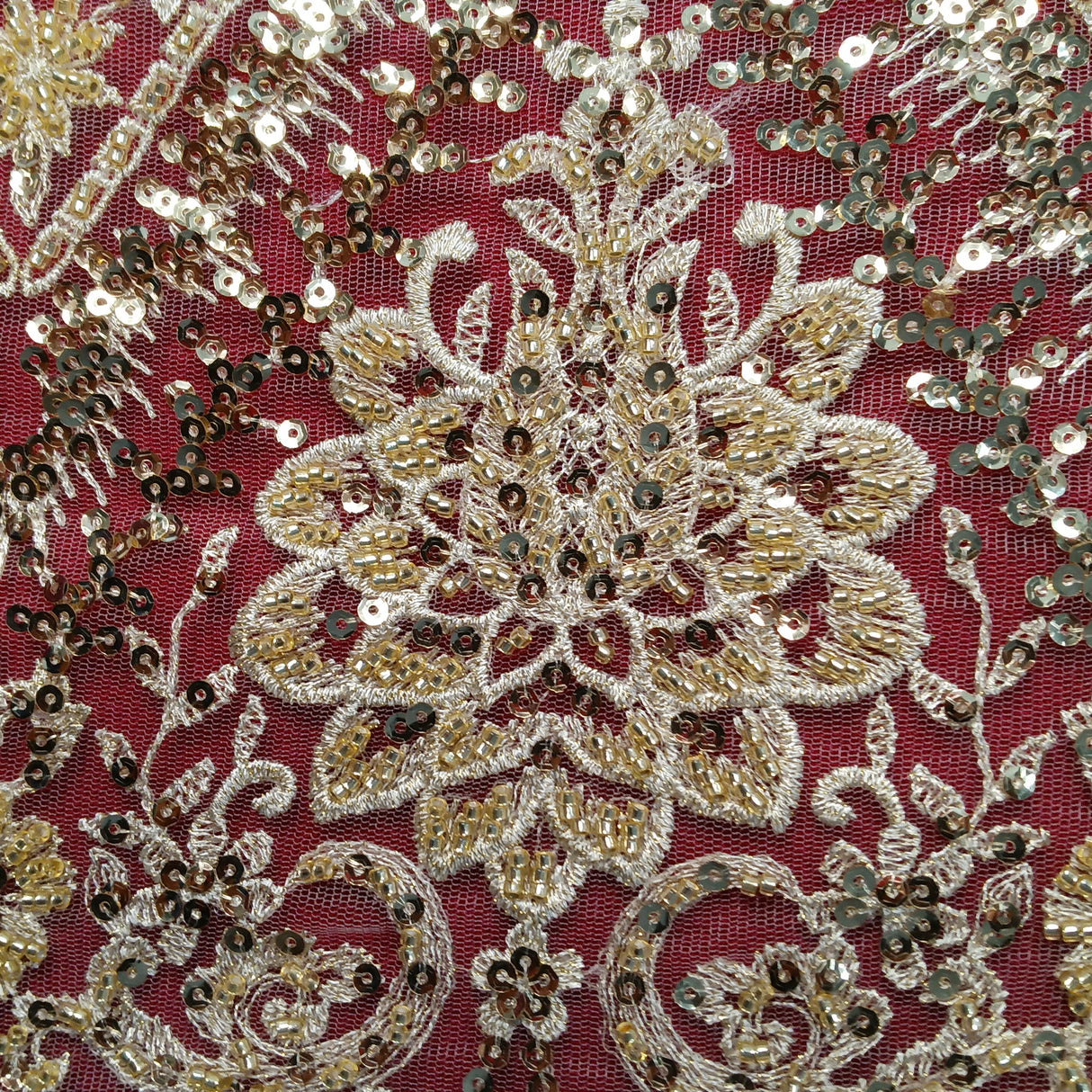 1 Yard Gold Beaded & Sequined Embroidered Lace Fabric on Polyester Mesh, 52" Width,