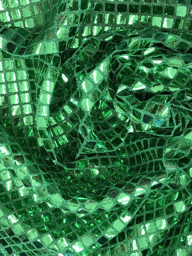 Green Square Foil Sequin Fabric - Green, Square Foil Glue On, 42" Width (1 Yard)