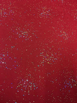 Small Gold Studs And Holographic Small Trans Polyester Rayon Mechanical Spandex Fabric - Scarlet Color, Mini Circle Studs, Holographic Trans, 58" - 60" Wide
