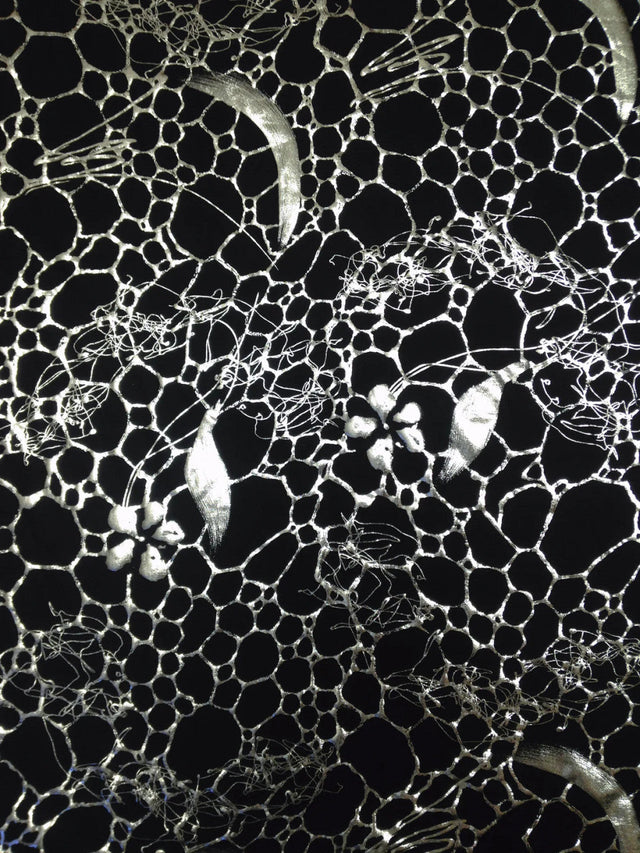 Polyester Spandex Fabric - Silver Floral Geometric Foil Design, 58" To 60" Width