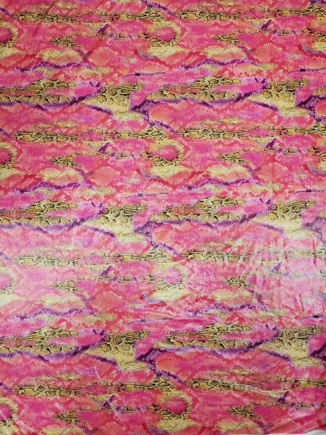 Shiny Snake Print Foil Polyester Spandex Fabric - Pink And Mustard Snake Print, 58"-60" Width