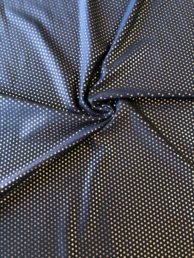 Nylon Spandex Supplex Fabric - Heavy Weight, Navy/Gold Foil Dots, 58" Width