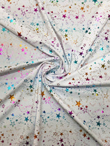 Small Multi Color Foil Stars And Hearts On White Nylon Spandex Knit Fabric - White Multi Color Foil Stars And Hearts, 58" Width