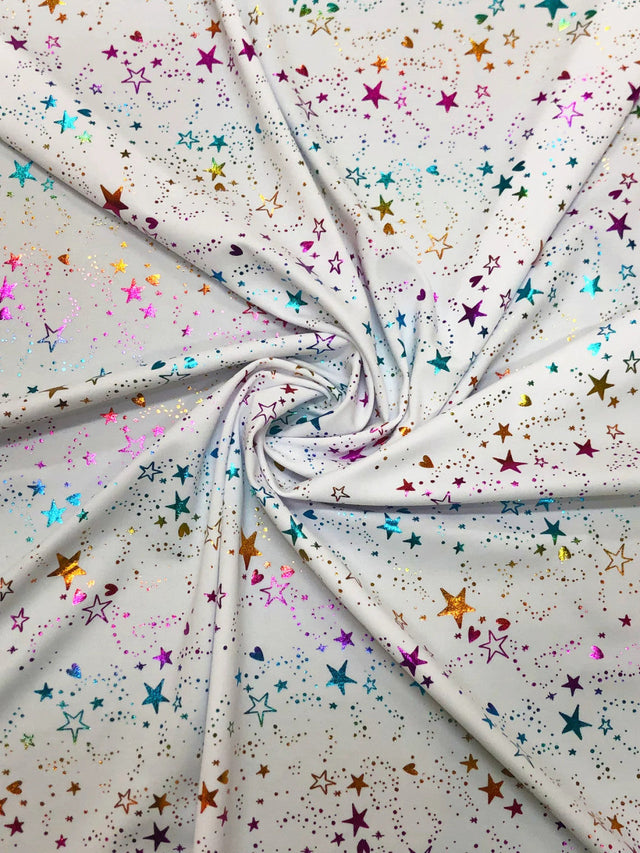 Small Multi Color Foil Stars And Hearts On White Nylon Spandex Knit Fabric - White Multi Color Foil Stars And Hearts, 58" Width