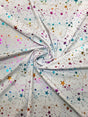 Small Multi Color Foil Stars And Hearts On White Nylon Spandex Knit Fabric - White Multi Color Foil Stars And Hearts, 58" Width