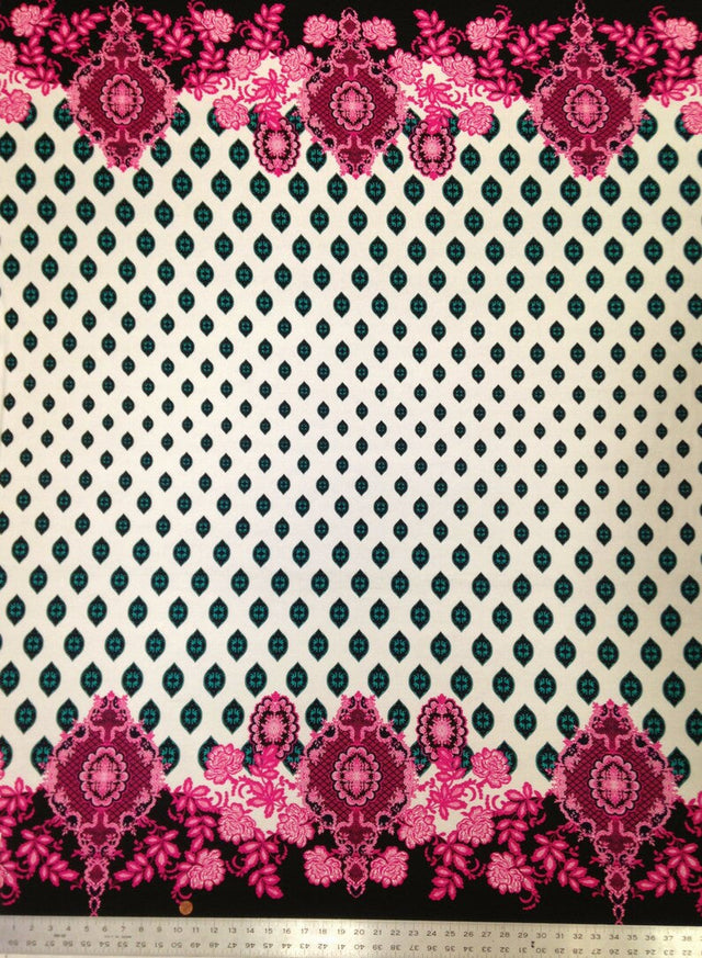 Big Floral Ogee Bordered Pattern Polyester Spandex Fabric - Black, White, 58" Width