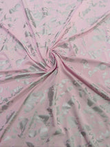 Single Span Polyester Spandex Fabric - Dull Pink And Silver Foil Design, 58"- 60" Width