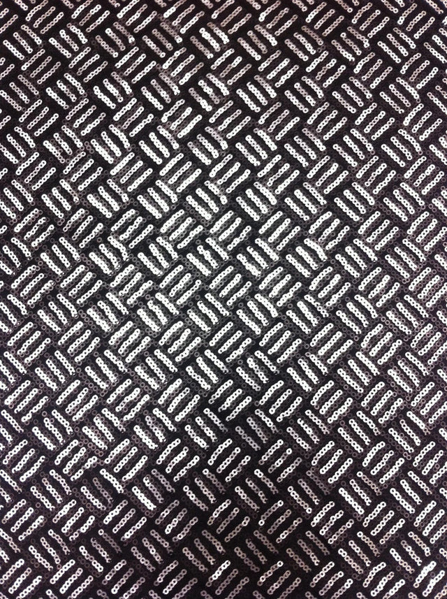 3Mm Silver And Black Matte Sequins Basket Pattern Stretch Poly Spandex Fabric - Silver/Black Basket Pattern, 56"-58" Width