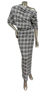 Polyester Spandex Double Knit Fabric - Black And Ivory Plaid Design, 56" Width
