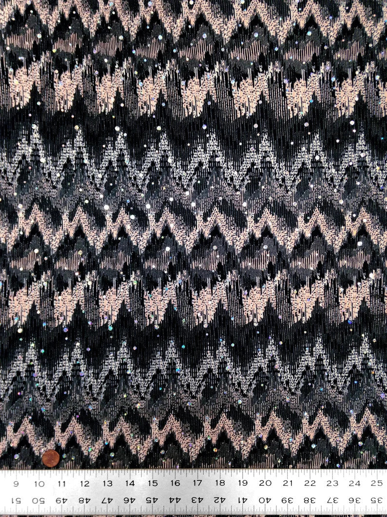 Ikat Zigzag Pattern Polyester Fabric - Holographic Faux Sequins, Stretch Bodre Mini Pleat, 57" To 58" Width
