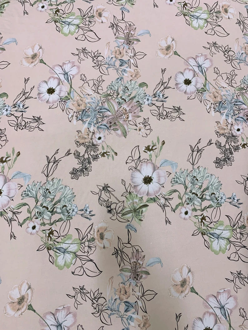 Vintage Floral Design Polyester Bulgari Spandex Fabric - Floral Print, 58"-60" Width