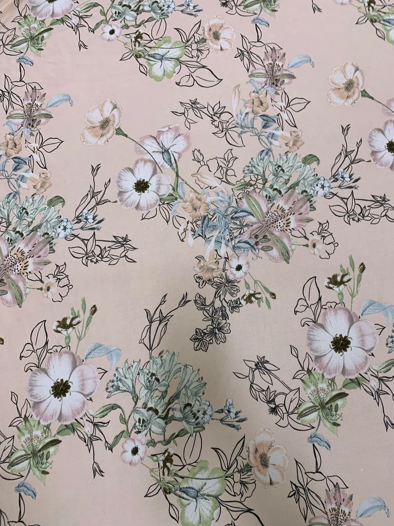 Vintage Floral Design Polyester Bulgari Spandex Fabric - Floral Print, 58"-60" Width
