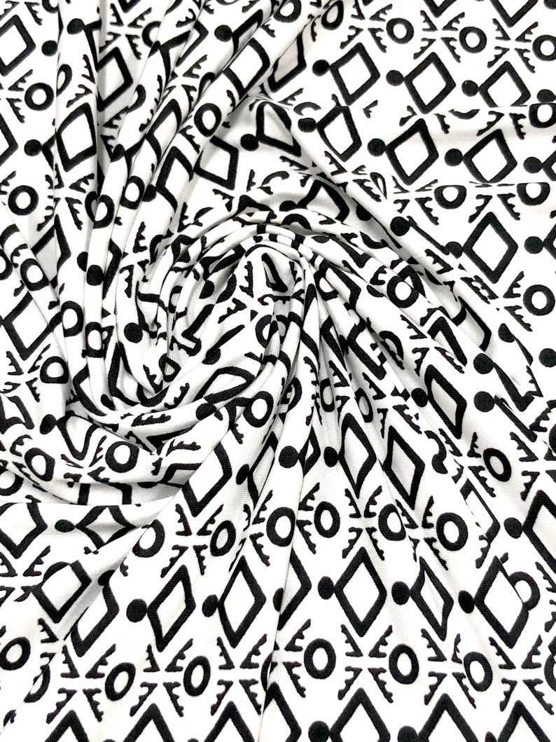 Polyester Spandex Fabric - Small Geometric White And Black Print, 58" Width