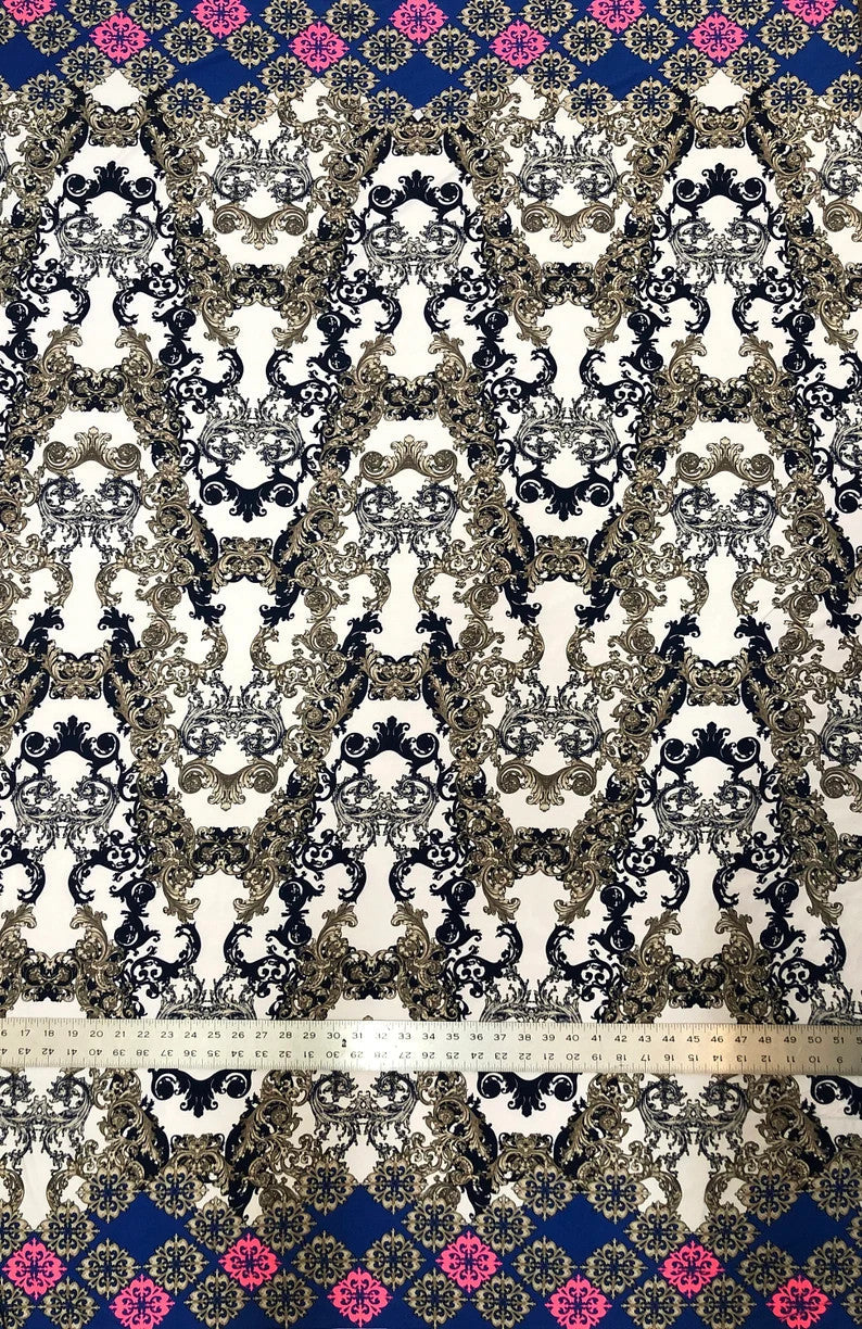 Polyester Venezia Polyester Spandex Fabric - Big Damask Double Side Border Design, Light Weight, 58"-60" Width