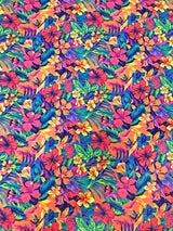 Restocked Nylon Spandex Fabric - Neon Tropical Floral Design, Rainbow Multi, Blue Green, Purple Blue, Orange Pink, 58" To 60" Width