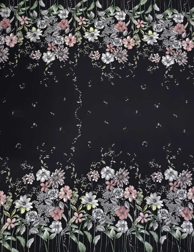 Polyester Spandex Fabric - Border Floral Print, Light Weight, 58"-60" Width