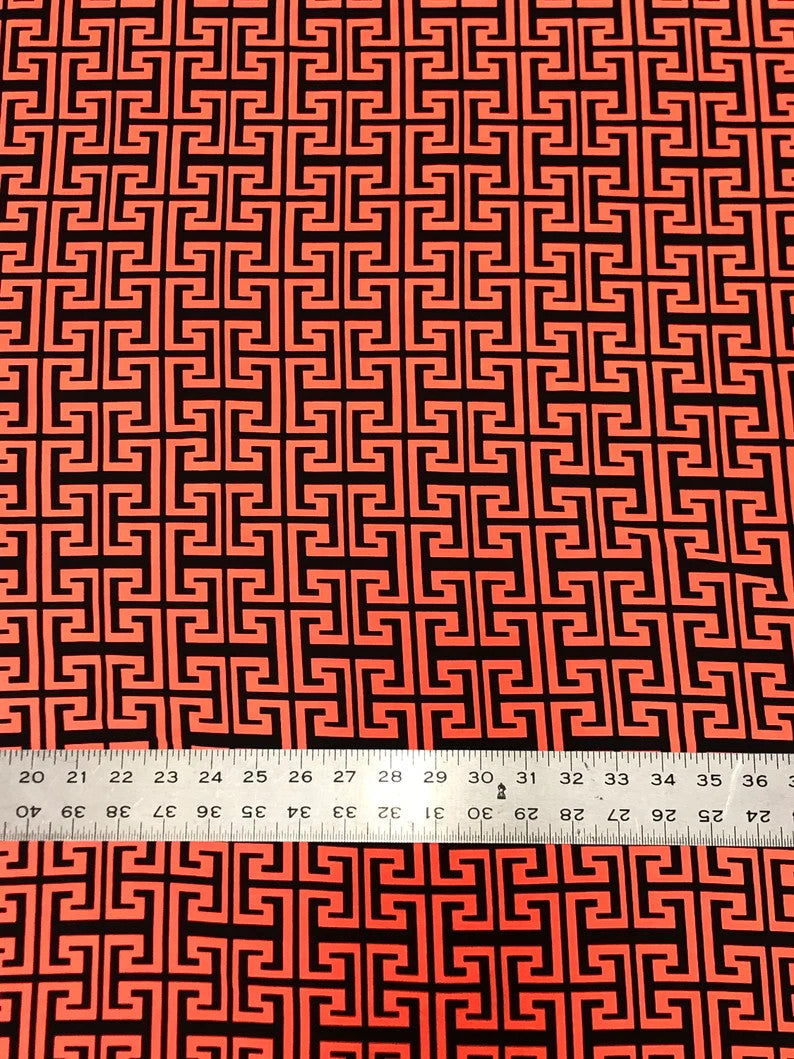 Neon Trendy Colors Polyester Spandex Fabric - Greek Key Print, Neon Orange, Neon Lime, 58"-60" Width