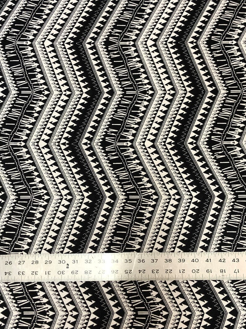 Black And White Zig Zag Tribal Print Polyester Spandex Fabric - Black And White Zig Zag Tribal Print, 58" Width