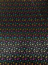 Multi Color Foil Hearts On Black Nylon Spandex Fabric - Black, Multi Color Foil Hearts, 58"-60" Width