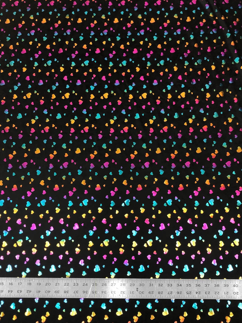 Multi Color Foil Hearts On Black Nylon Spandex Fabric - Black, Multi Color Foil Hearts, 58"-60" Width