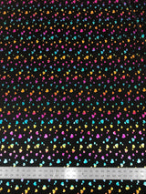 Multi Color Foil Hearts On Black Nylon Spandex Fabric - Black, Multi Color Foil Hearts, 58"-60" Width