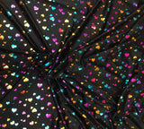 Multi Color Foil Hearts On Black Nylon Spandex Fabric - Black, Multi Color Foil Hearts, 58"-60" Width