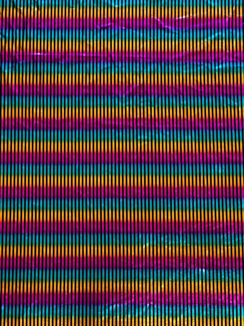Foil Multi Color Vertical Stripes On Black Nylon Spandex Tricot Fabric - Black, Multi Color Vertical Stripes, 58"-60" Width