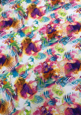 Bright Leaves & Leopard Print Polyester Spandex Fabric - Pink, Green, Leopard Print, 58" To 60" Width