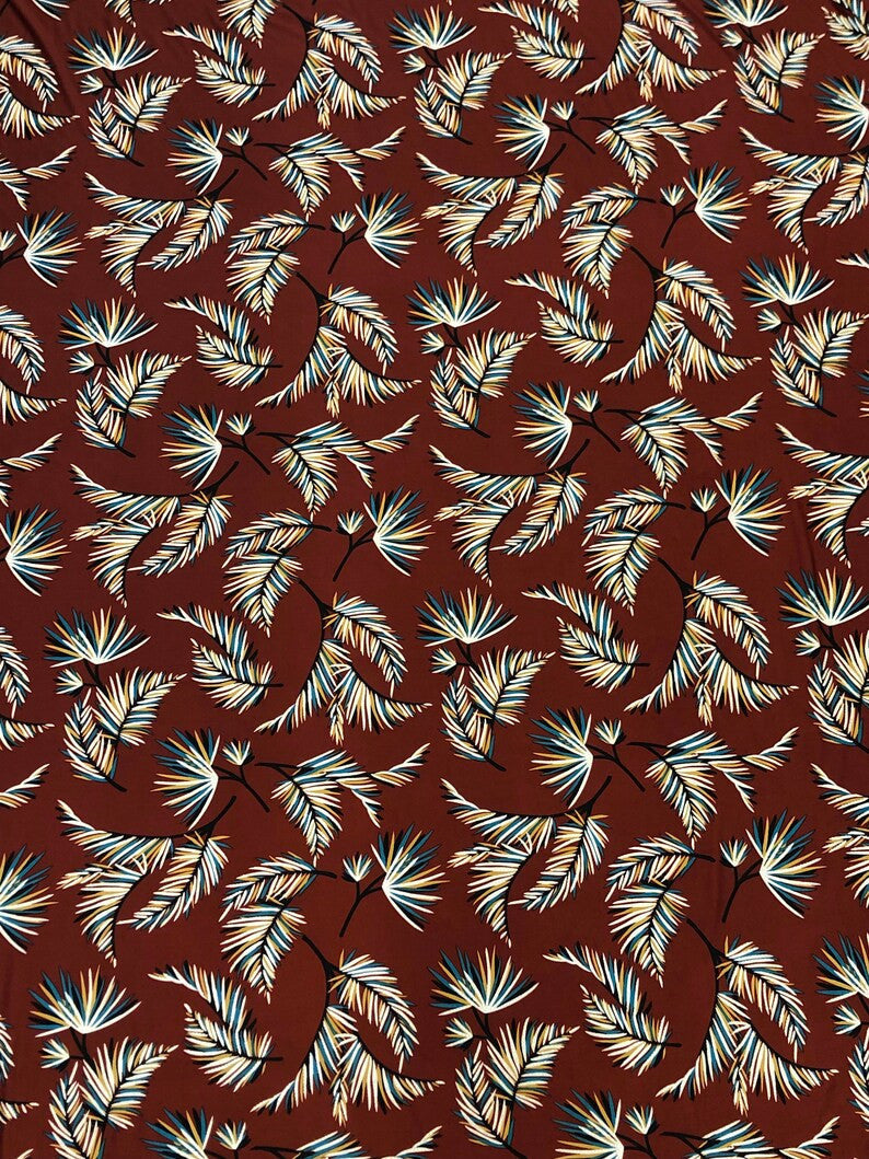 Leaves Print Polyester Spandex Fabric - Leaves Print, 58"-60" Width