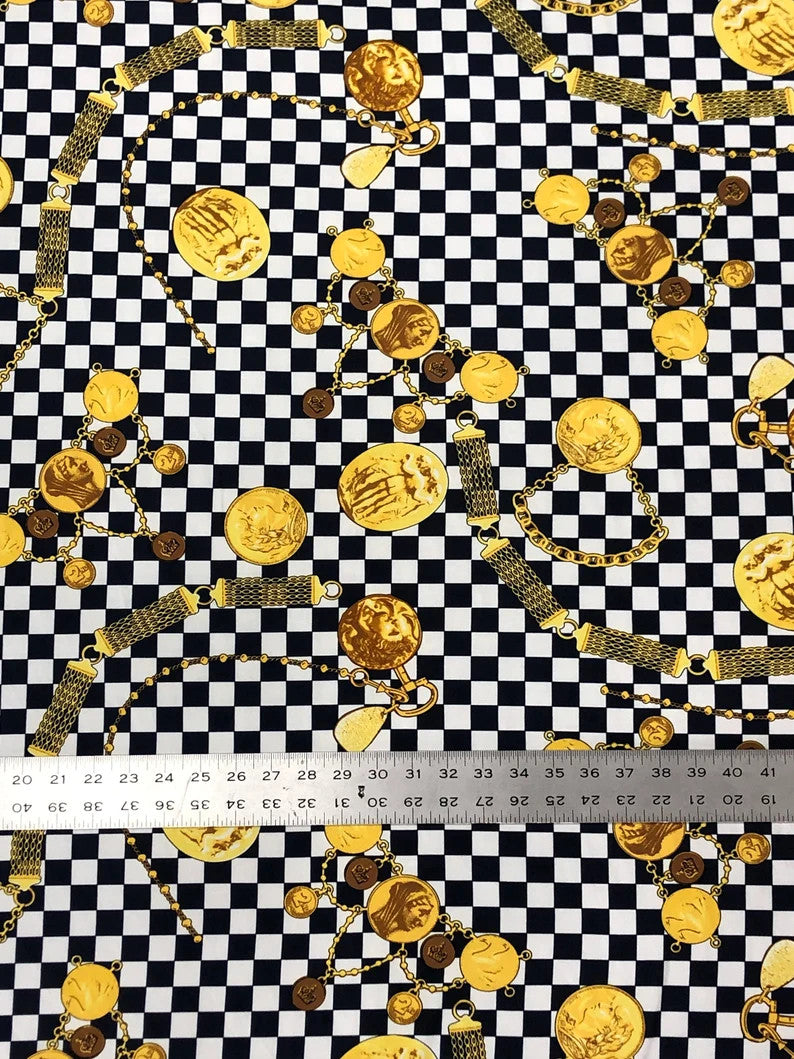 Checked W/ Gold Coins Print Polyester Spandex Fabric - Checked Gold Coins Print, 58"-60" Width