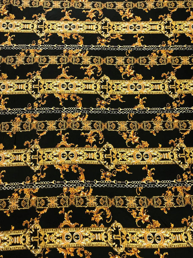 Gold Abstract Chains On Black Polyester Spandex Fabric - Black, Gold Abstract Chains, 58" To 60" Width