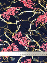 Gold Chain Belt Abstract Design Polyester Spandex Fabric - Royal/Gold, Dark Navy/Pink, 58" Width