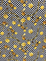 Checked W/ Gold Coins Print Polyester Spandex Fabric - Checked Gold Coins Print, 58"-60" Width