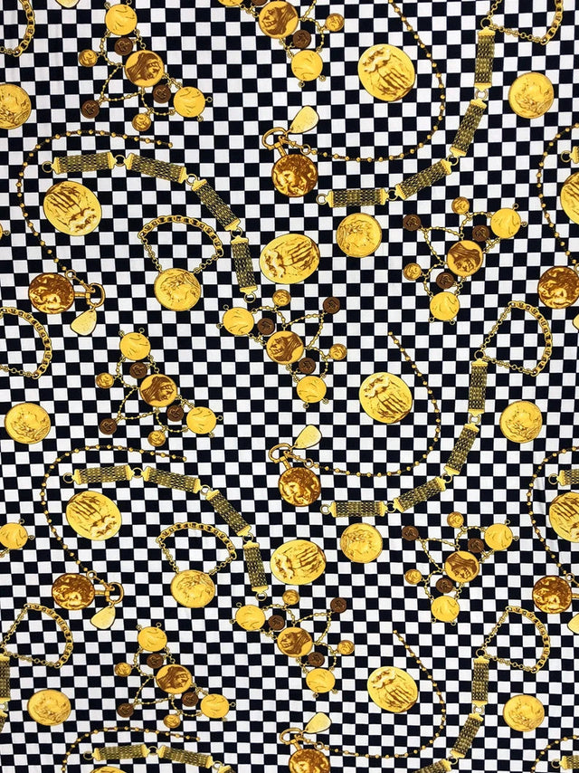 Checked W/ Gold Coins Print Polyester Spandex Fabric - Checked Gold Coins Print, 58"-60" Width