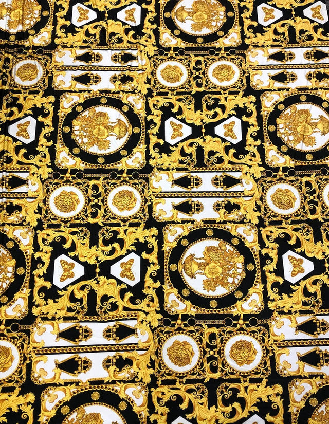 Gold Abstract Print Polyester Spandex Fabric - White, Green, Pink, Royal Abstract Print, 58"-60" Width