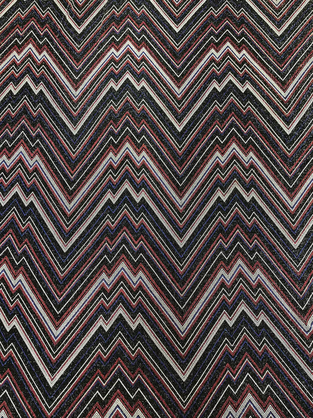 Zig Zag Print On Textured Jacquard Nylon Metallic Spandex Fabric - Black, Red, White, Blue, Zig Zag Print, 58"-60" Width