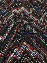 Zig Zag Print On Textured Jacquard Nylon Metallic Spandex Fabric - Black, Red, White, Blue, Zig Zag Print, 58"-60" Width
