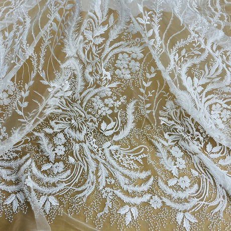 1 Yard Beaded Lace Fabric Embroidered on 100% Polyester Net Mesh 56" Wide