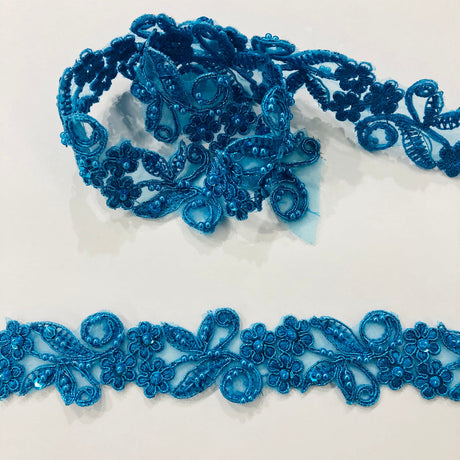 1 Yard Beaded & Corded Lace Trimming Embroidered on 100% Polyester Organza 1.5" Wide
