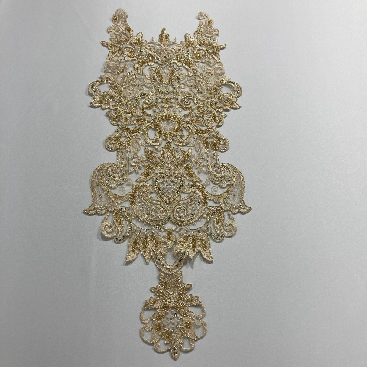 Beaded & Corded Lace Medallion Applique on 100% Polyester Mesh 25" x 10.5"