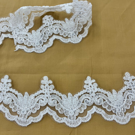 1 Yard Luxurious Beaded & Corded Lace Trimming Embroidered on 100% Polyester Net Mesh for Special Occasion Dresses 3 Inch Width