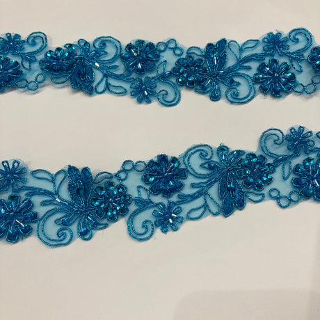 1 Yard Elegant Beaded & Corded Lace Trimming Embroidered on 100% Polyester Organza for Special Occasion Dresses 2 Inch Width